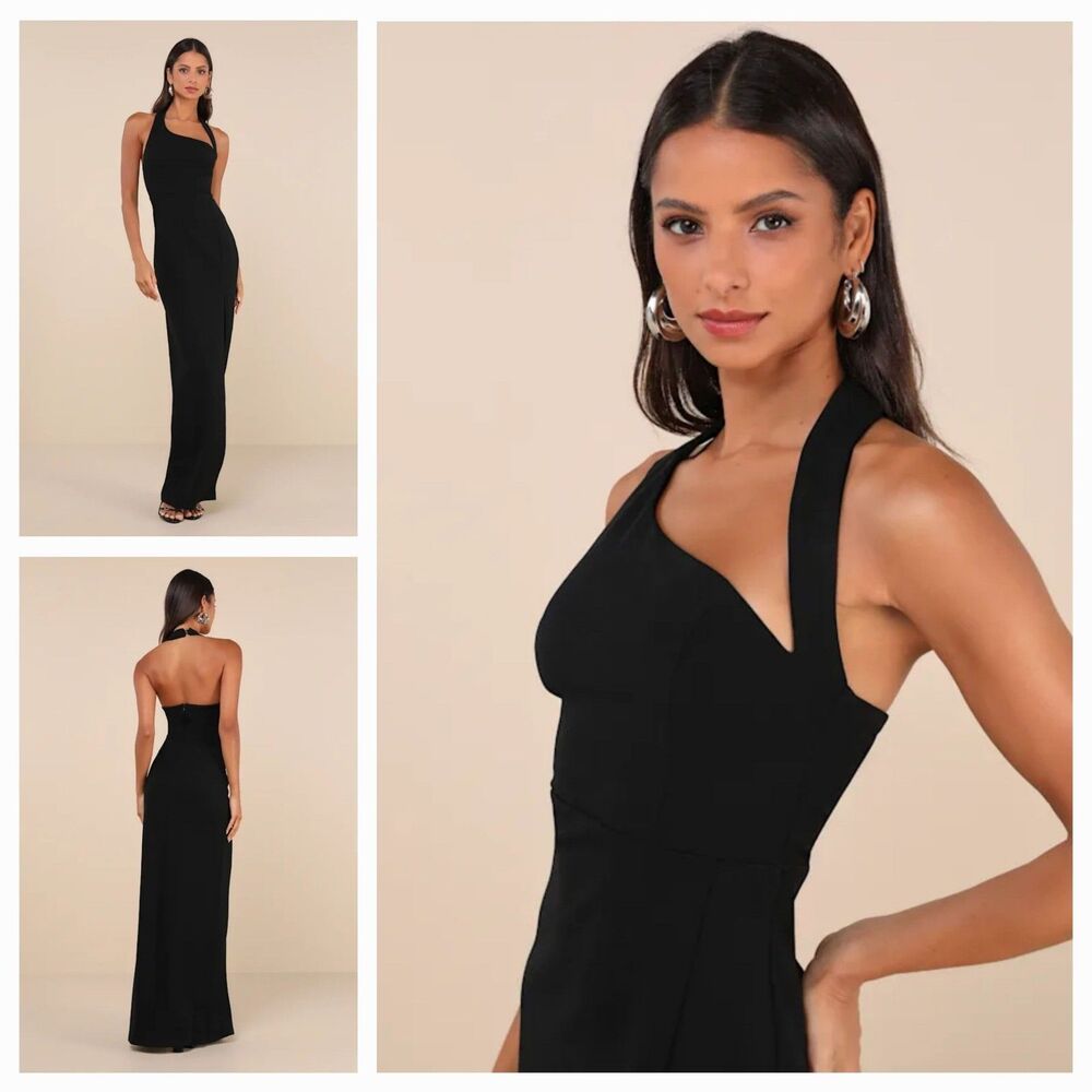 New LULUS Women (L) Unforgettable Composure Black Asymmetrical Halter Maxi Dress
